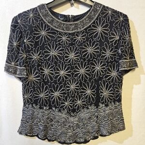 Kiyonna Black and Silver Floral Beaded Blouse